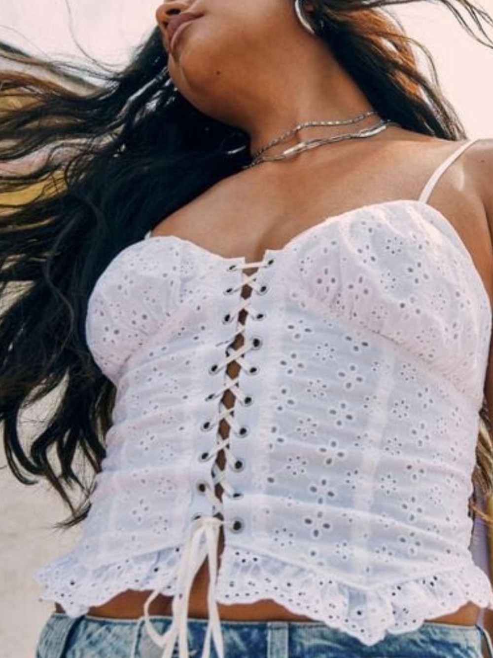 Garage White Eyelet Lace-Up Bustier Corset Tank Top
